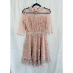 Queenia Mock Neck Pink Lace Vintage Inspired Full Skirt Dress